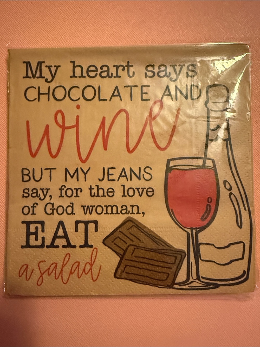 Cocktail napkins, Mud Pie brand, humorous wine  & chocolate design